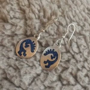 Sterling silver Kokopelli drop earrings with inlay